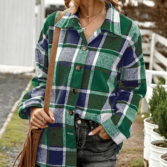 Tops - Green & Blue Plaid Button Down Flannel Shirt